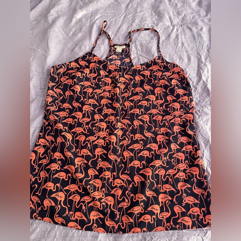 J Crew Flamingo Print Tank Top/Cami size 6 Racerback Navy/Pink Summer Fun